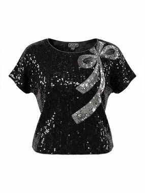 Vtg JLB Pure Silk Sequin Top Blouse Black Silver Bow Beaded Evening Party Sz S